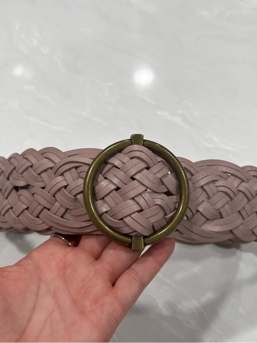 Talbots Woven Leather Belt with Round Brass Tone Buckle Dusty Mauve Bohemian S